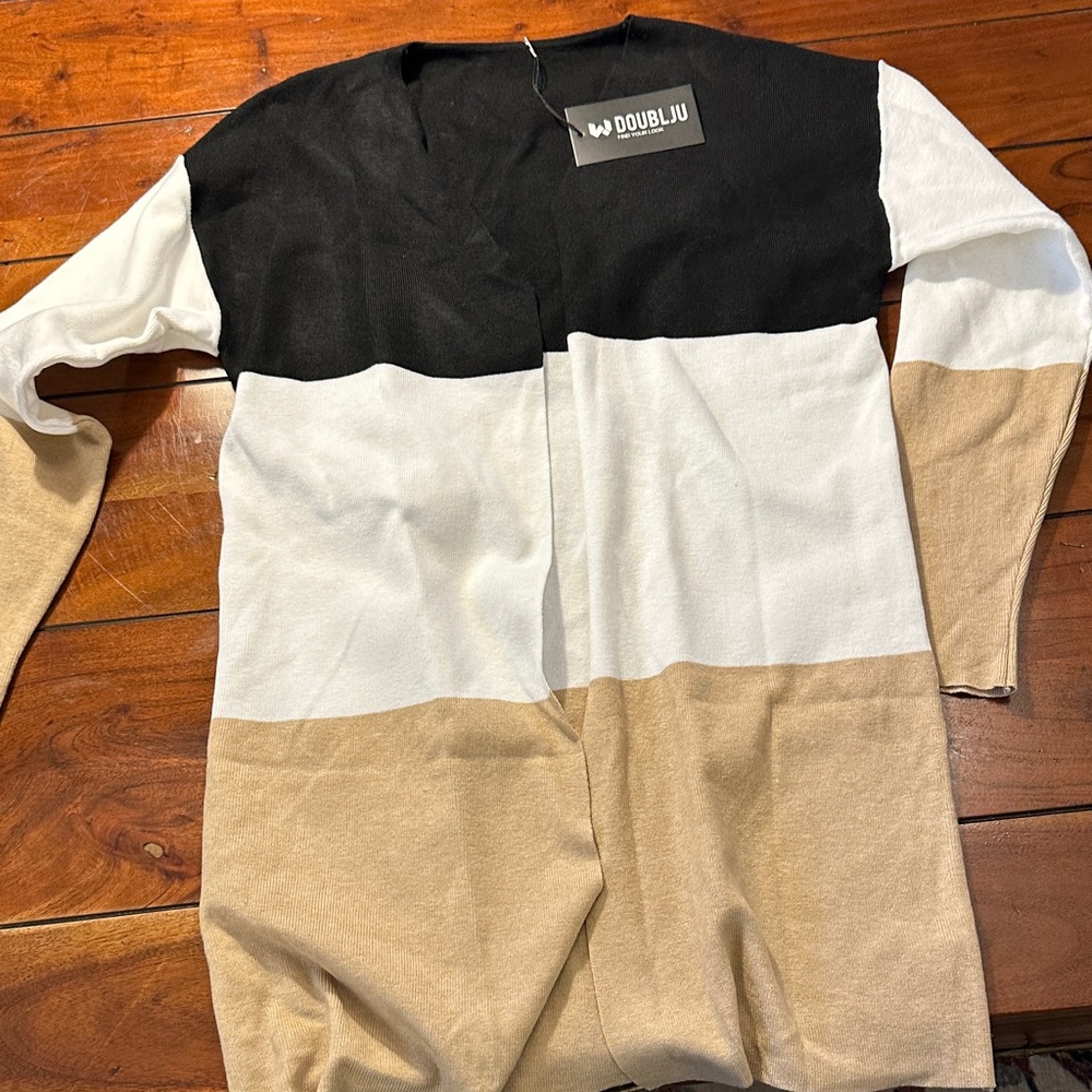 Doublju womens Cardigan - Black, White, and Tan nwt 2-25-16